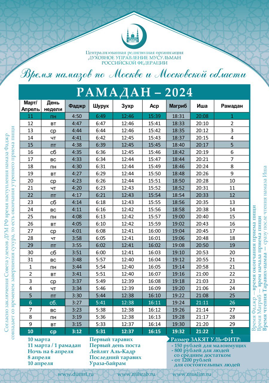 2024 yılı Moskova Ramazan İmsakiyesi Haberrus